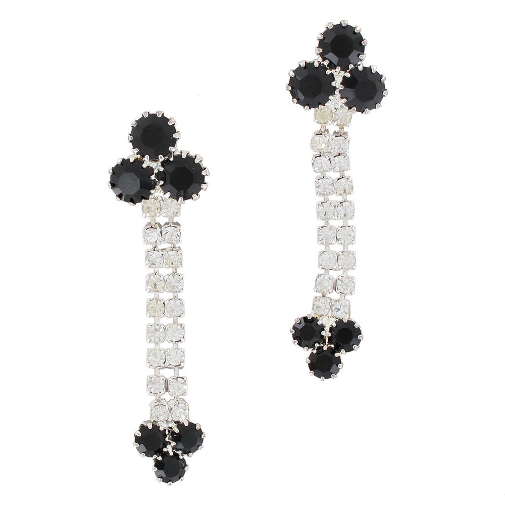 Two Row Black Clear Rhinestone Silver Tone Dangle Chandelier Pierced Earrings 2″