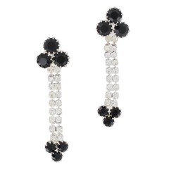 Two Row Black Clear Rhinestone Silver Tone Dangle Chandelier Pierced Earrings 2″