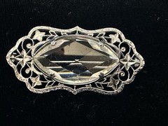 Antique Rhodium Plated Filigree Silver Tone Art Deco Clear Stone Pin Brooch