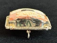 Antique 14K White Gold Shell Cameo Brooch Diamond Filigree Frame 30mm 11.4g