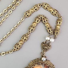Vintage Victorian Revival Lady Cameo Portrait Necklace Western Germany Gold Tone