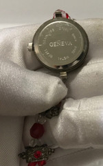 Vintage Geneva Red Clear Beads Ladies Watch Bracelet Silver Tone New Battery
