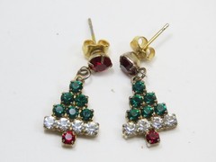 Christmas Trees Rhinestone Earrings Pierced Gold Tone Prong D3089
