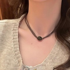 Vintage Brown Stone Pendant Necklace, Leather Choker, Retro Hip Hop Jewelry