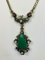 Vintage Unsigned Faux Jade Gems Drop Necklace Earring Set Victorian Style READ