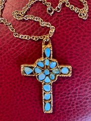 Lovely 24″ Goldtone Chain And 2.50″ Cross Pendant with PolishedTurquoise Nuggets