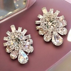 Rhinestone Earrings Clip On Large Clear Statement Vintage Glamorous Designer