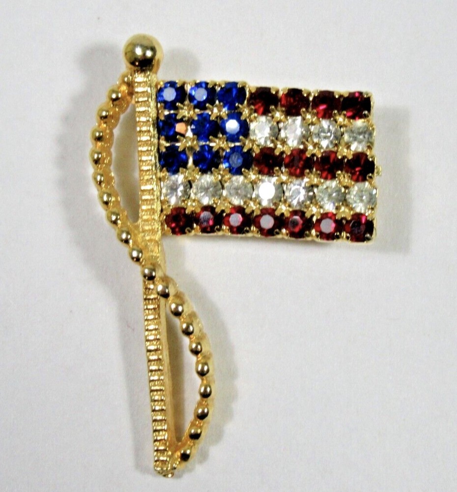 Rafaelian Signed AMERICAN FLAG Brooch Pin Pendant Gold Tone 2 x 1.25 inch