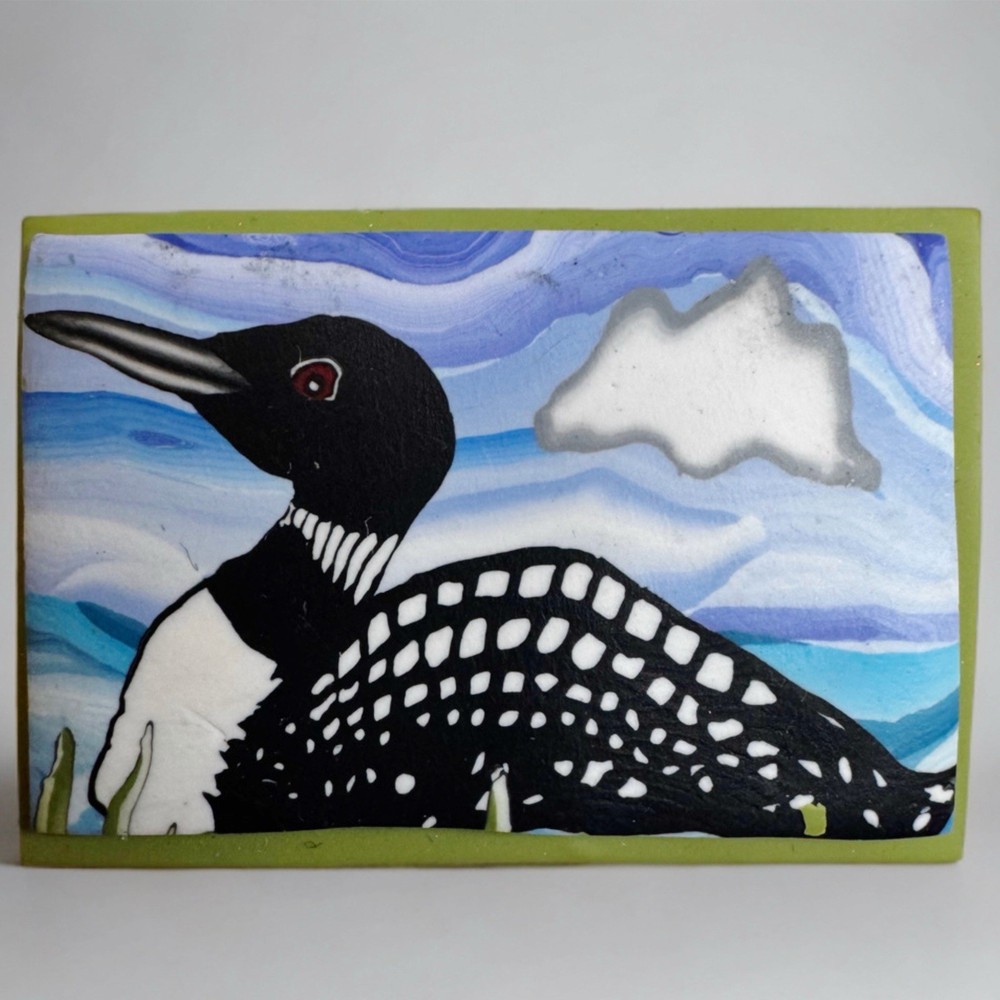 Paper Moon Polymer Clay Loon Brooch Hand Painted Maine Folk Art Nature Pin
