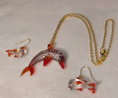 Glass Dolphin & Earrings On 18 inch, 2mm Chain Vintage