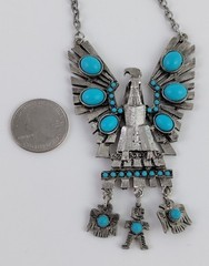 Vintage Silver Tone Thunderbird Pendant Necklace w/Faux Turquoise Decoration