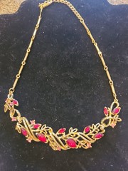 Necklace bib style goldtone w/ red & pink rhinestones. MCM. Vintage