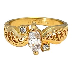 Vintage 1970s Vargas Marquise CZ Ring 18KT Gold Plate Filigree Size 7 – 5T