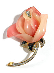 KJL Signed Pink Rose Flower Black Enamel Pave Rhinestones Brooch