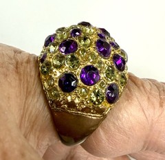 Vintage Gold Tone Rhinestone Dome Ring Purple Green Cocktail Statement Size8