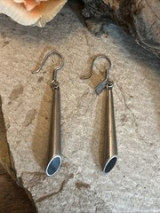 50. TAXCO 925 Sterling Black Onyx Inlay Elongated Cone Hook Earrings 62mm, 11.4