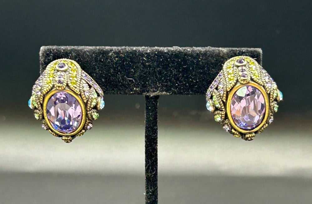 VINTAGE HEIDI DAUS EARRINGS PIERCED LARGE PURPLE CABOCHON PERIDOT AQUA GREEN ETC