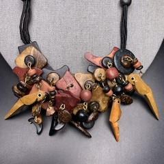 Wooden Parrot Bib Statement Necklace Beaded Cluster Coconut Shell Boho Vintage