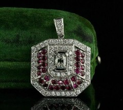 Art Deco Style Lab-Created Diamond & Ruby Anniversary 14k White Gold FN Pendant