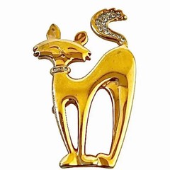 Cat Pin Brooch Mod Sophisticated Kitty Gold Tone & Rhinestone Collar & Tail