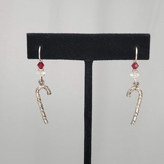 Vintage Christmas Candy Cane Pierced Earrings Silver tone Dangle Crystal 1.25″