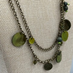 Green Beaded Charm Necklace Double Strand Antique Brass Tone Dangle Disc Boho
