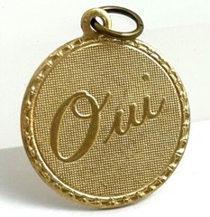 Vintage French Oui Charm Yes Necklace Pendant Brass Metal Jewelry