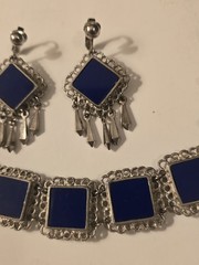 Vintage Celebrity N.Y Reversible Red Blue Enamel Bracelet + Clip Blue Earrings