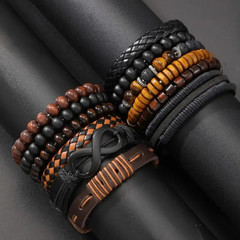 12 pcs Vintage Faux Leather Tiger’s Eye & Moonstone Bracelet Set