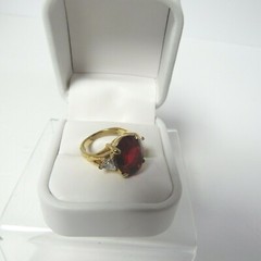 Vintage Cocktail Ring Red Center Stone & White Rhinestones Size 7.5 in Ring Box