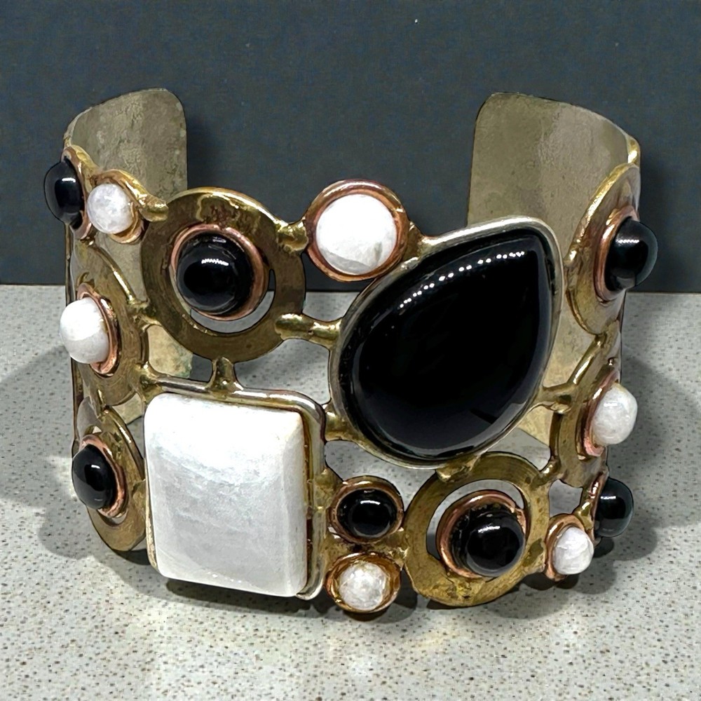 Onyx Cuff Bracelet Big Chunky Mixed Metal Little Village Crafts Modernist NEW