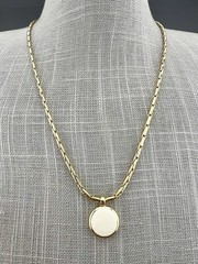 Liz Claiborne Necklace Cream Enamel Coin Pendant Gold Tone Signed 19”