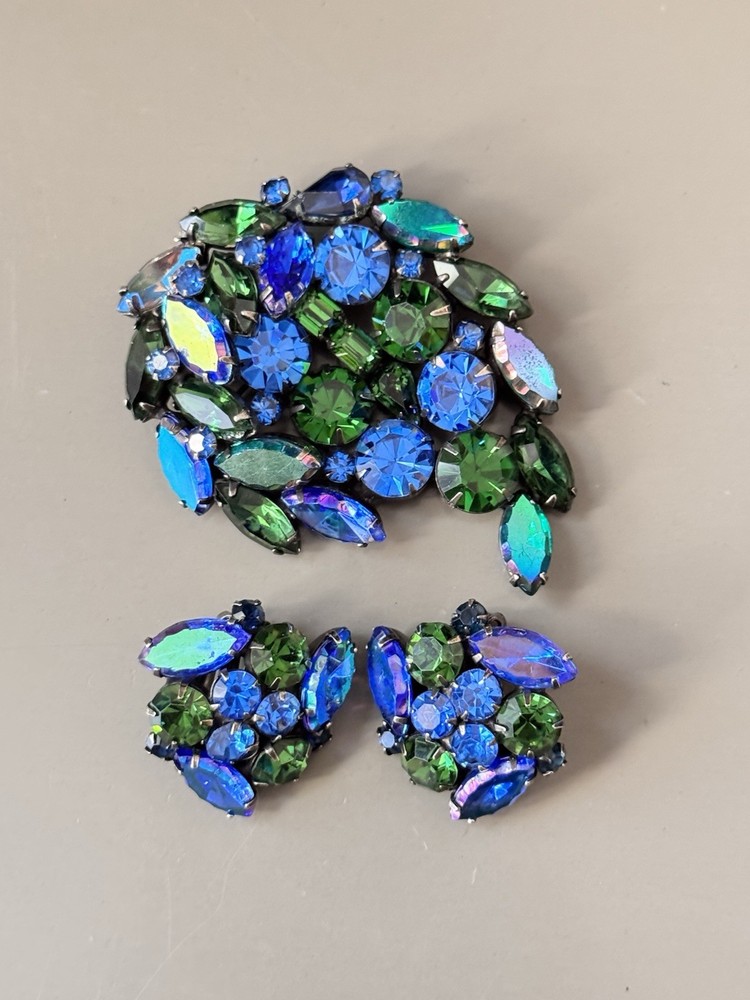 Vintage Signed KRAMER Blue & Green Spray Brooch & Earring Set, Gunmetal Set