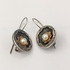 Modernist Pearl Earrings Handmade Silver Gold Israeli Artist Studio VTG Jewelry