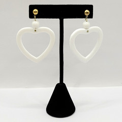 White Heart Open Center Bead Drop Dangle w Ball Stud Gold Tone Vintage Earrings