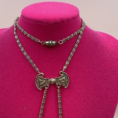 Victorian Revival Gold Tone Pendant Necklace W/ Black Oval Cameo Hand Painted