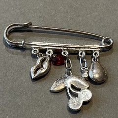 Vtg Lucky Charm Safety Pin Brooch Lips Heart Cherries Ladybug Nature Love & Luck