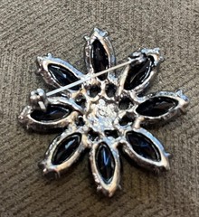 Vintage Jet Black & Clear Rhinestone Flower Stunning Brooch Pin Mourning Gothic