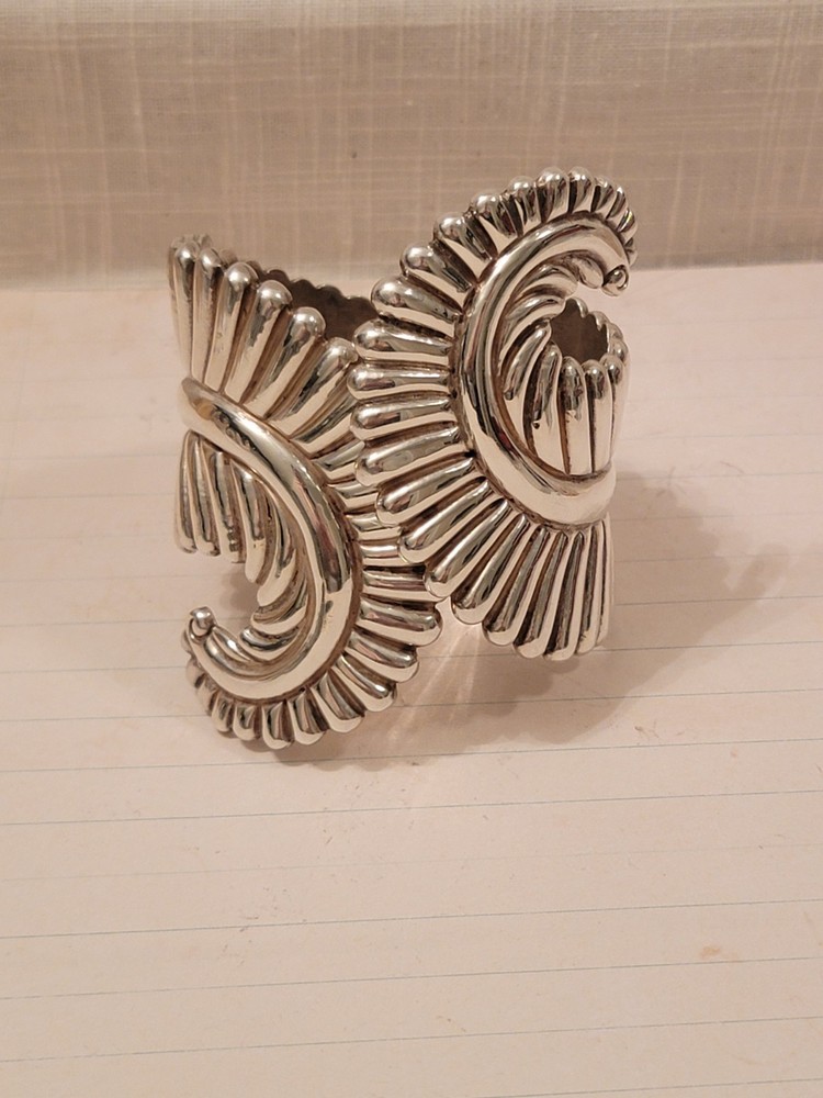 Vintage 1940’s Taxco JAL Sterling Silver Feather Clamper Bracelet