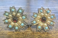 Vintage Snowflake Shaped Sterling Silver Screwback Earrings w/ Gemstones Pearls