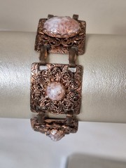 Copper Glitter Confetti Cream Lucite Acrylic Metal Link Panel Bracelet Vintage