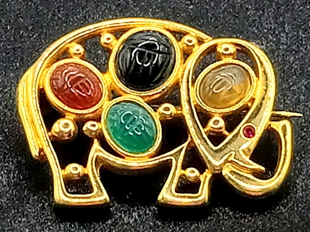 Vintage Weingeroff Goldtone Scarab Elephant Brooch Egyptian Revival, Good Luck