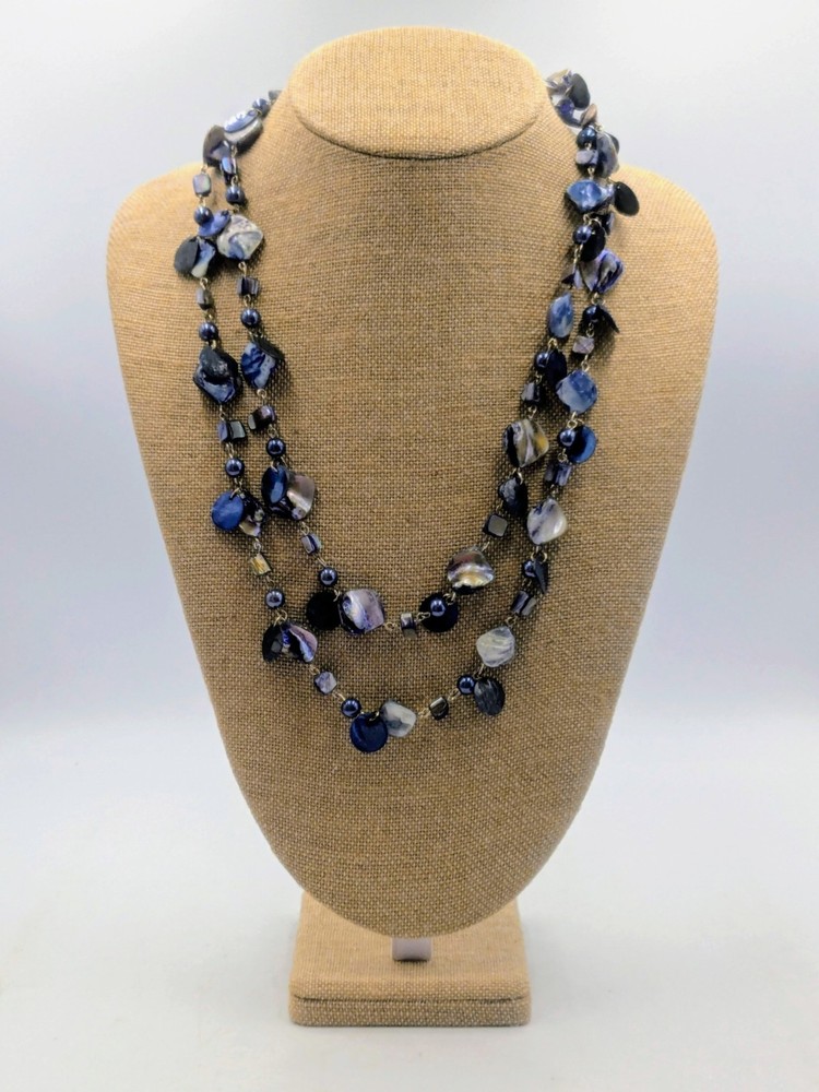 Vintage 54 Inch Necklace Blue Dyed Shell Beads, Mother of Pearl, & Faux Pearls