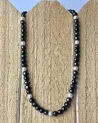 Vintage Faux Peacock Green & White Pearl Necklace – 6mm – 15.5 inches