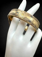 Antique Victorian Gold Filled Sterling Bangle Black Enamel Engraved Bracelet