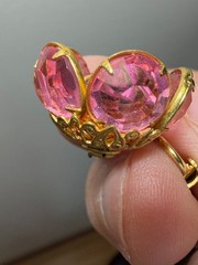 Vintage Pink Floral Rhinestone Clip Dangle Earrings Gold Tone Filigree Glamour