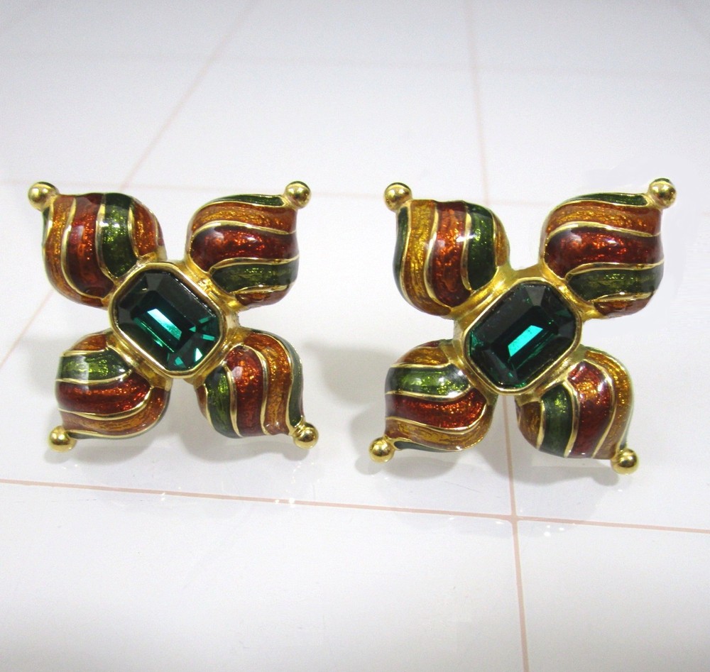 Joan Rivers Maltese Cross Gold Enamel Earrings Russian Dome Green Rhinestone VTG