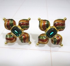 Joan Rivers Maltese Cross Gold Enamel Earrings Russian Dome Green Rhinestone VTG