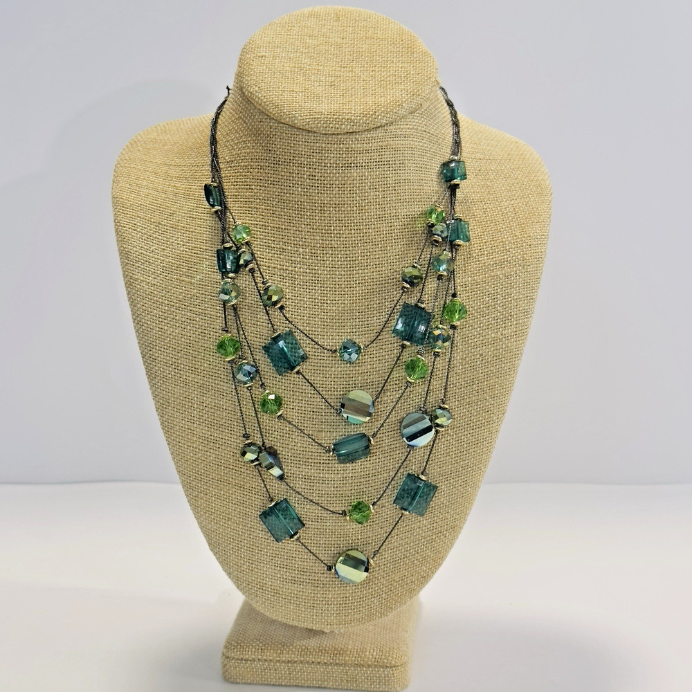 Necklace Green Blue Acrylic Glass Beads Black Wire Like Chain 11″ Faceted