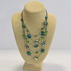 Necklace Green Blue Acrylic Glass Beads Black Wire Like Chain 11″ Faceted